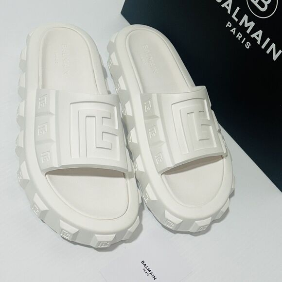 NIB Balmain White Ari Men Rubber Slip On Slides Sandal Embossed Logo 43/ 10 US - Picture 8 of 15